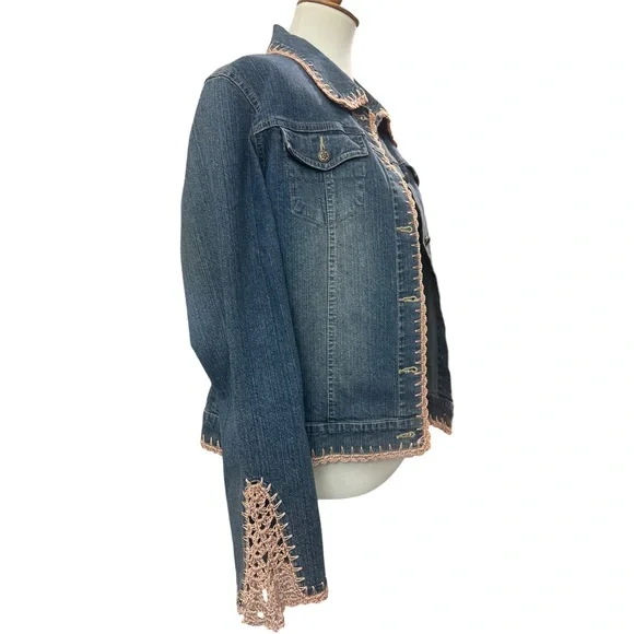 Sharon Young crochet detailed jean jacket denim size large women’s vintage - Picture 4 of 8